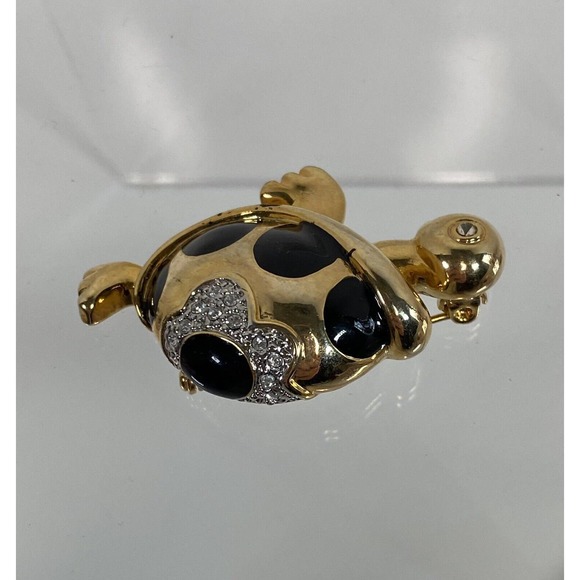 Vintage Turtle Brooch Rhinestone Black Enamel Gold-Tone Pin - Picture 2 of 4